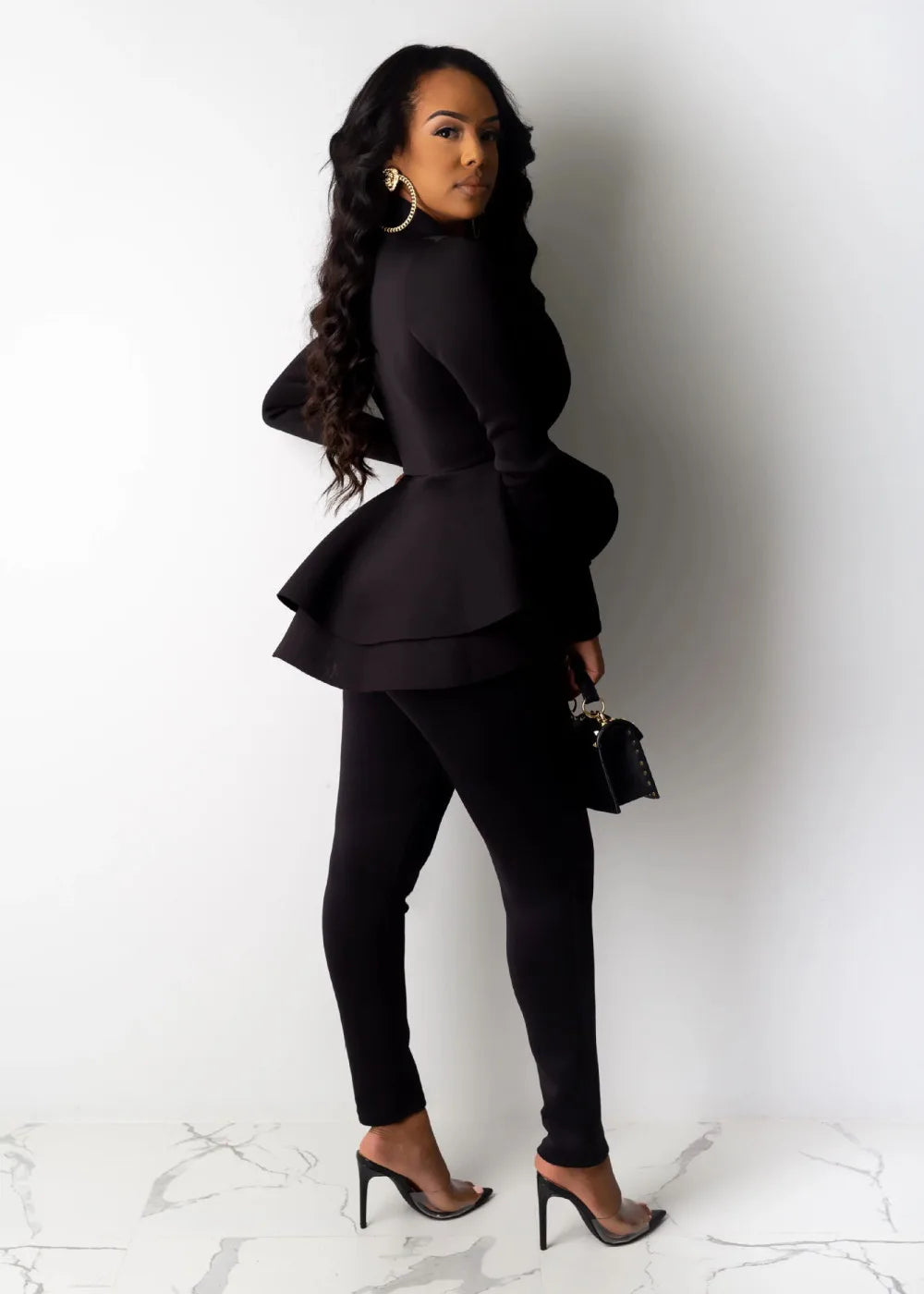 New 2025 Women Long Sleeve Solid Ruffles Design Top & Skinny Pencil Pant Sets Two Piece Set Women Outfits