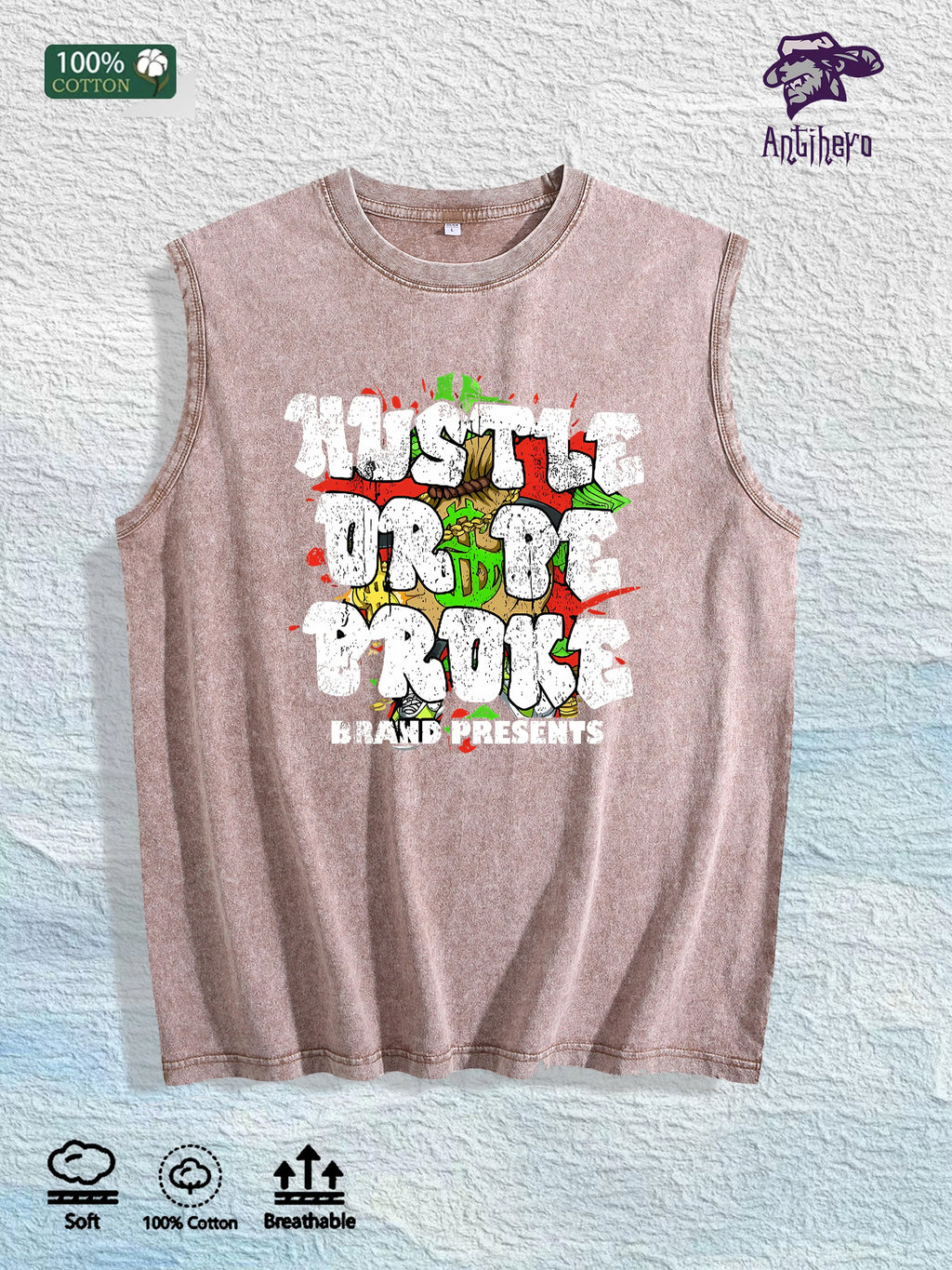 Hustle or Broke Graphic Washed Vest US Warehouse 3 Colors Cotton Tank