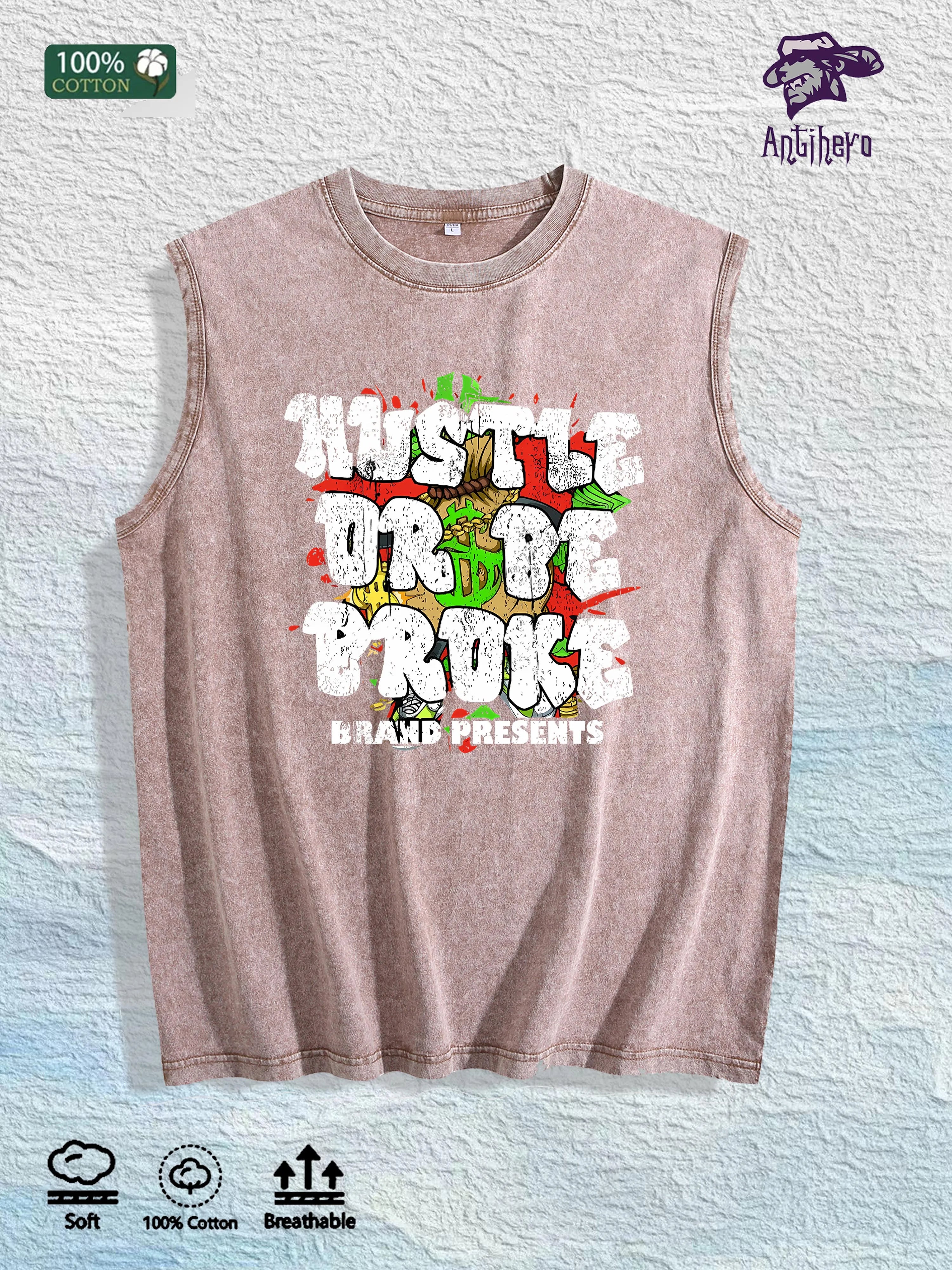 Hustle or Broke Graphic Washed Vest US Warehouse 3 Colors Cotton Tank