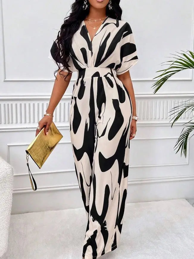 2025 Fashion Spring Summer New High Waist Short Sleeve Jumpsuits Wide Leg Pants Overalls Women's Printed Summer Loose Jumpsuit