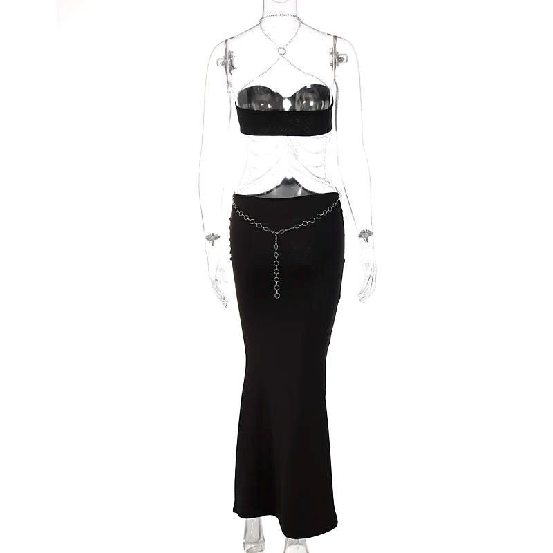 Hugcitar Pure Color Chain Halter Bandage Sleeveless Backless Revealing Slim Maxi Dress Fall Women Fashion Elegant Party Y2K