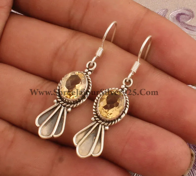 Handmade Designer Antiqued 925 Sterling Silver Hoop Earrings Natural Citrine Oval Gemstone Rhodium Plated for Weddings
