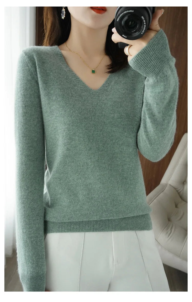 Women's Sweater 2025 Autumn Winter Knitted Pullovers V-neck Slim Fit Bottoming Shirt Solid Soft Knitwear Jumpers Basic Sweaters