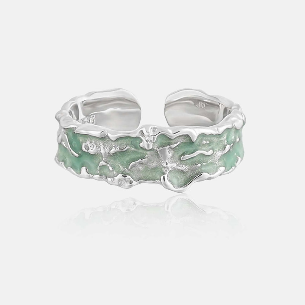 FUAMAY Fashion Designer 925 Sterling Silver Wide Ring Irregular Grain Mint Green  Enameled Rings