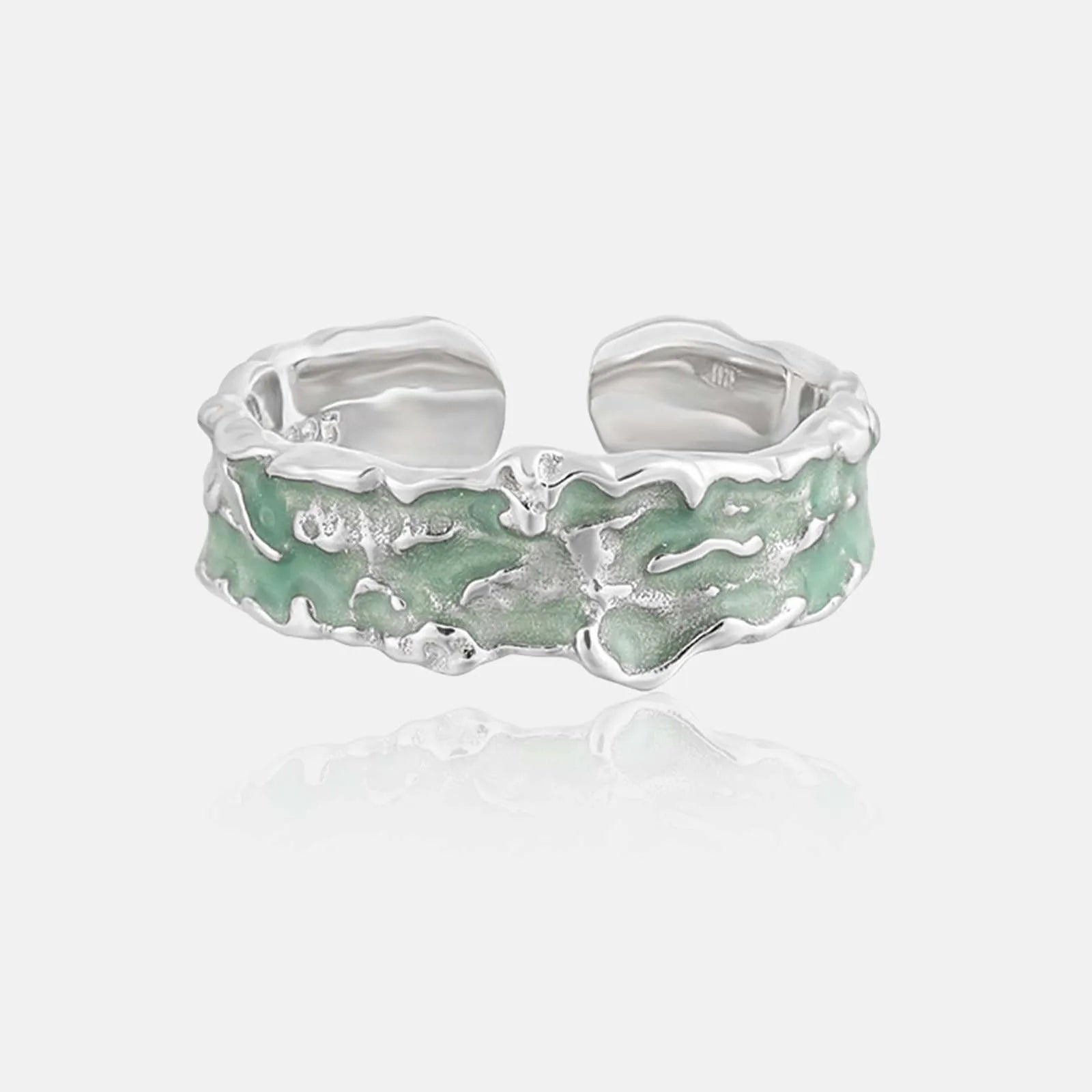 FUAMAY Fashion Designer 925 Sterling Silver Wide Ring Irregular Grain Mint Green  Enameled Rings