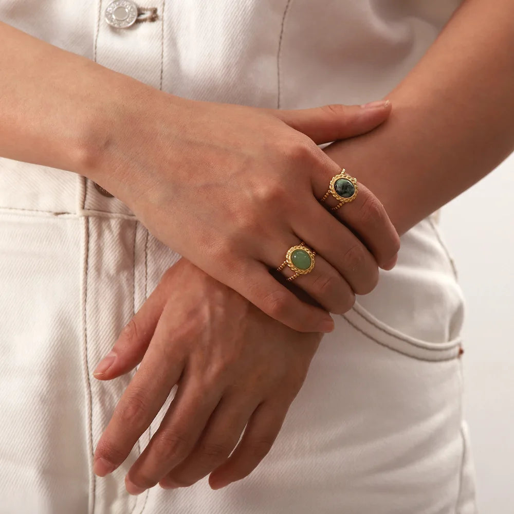 Fashion 18K Gold Plated Adjustable Open Ring Natural Stone Stainless Steel Turquoise Minimalist Rings Jewelry for Women Gift
