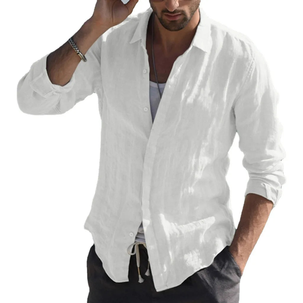 Men Spring Cotton Linen Long Sleeve Button Solid Color Shirts Lapel Collar Men's Tops Cardigan Blouse T-shirt Casual Shirt