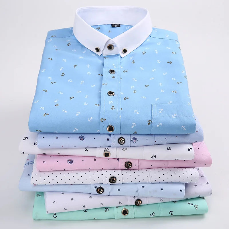 Men Fashion Spring Autumn New Style Printing Shirts Long Sleeve Lapel Collar Button Slim Tops Clothes Casual Shirt