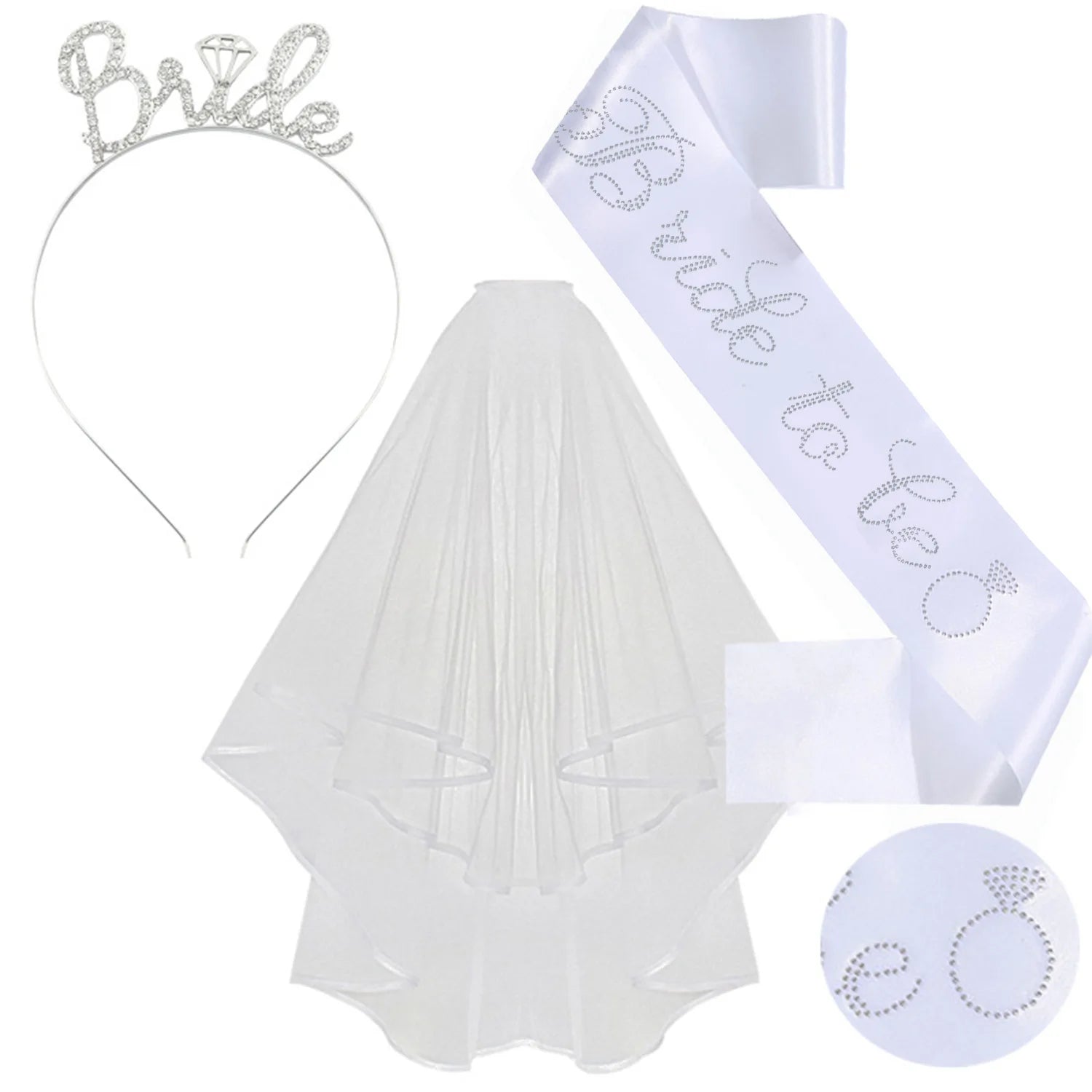 3-piece Set Bride to Be Crown Headband Shoulder Strap Wedding Veil Set for Bridal Shower WB007