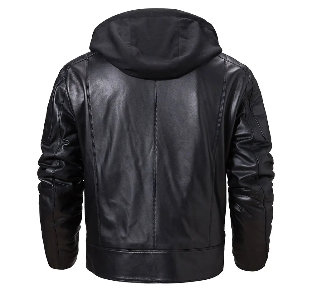 FLAVOR Men's Leather Motorcycle Jacket Black Sheepskin Real Leather Jacket With Removable Hood
