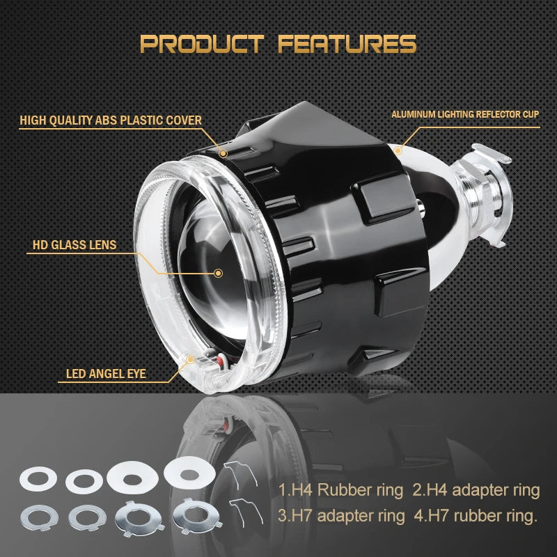 2.5 inch Bi-xenon Lens Optic Fiber Angel Eyes Projector White Halo Ring Headlamp Kit For Auto Car Motorcycle Headlight Retrofit