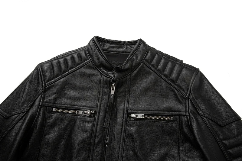 New Motorcycle Causal Vintage Leather Coat Men Autumn Outfit Fashion Biker Pocket Design Top Layer Cow Leather Jacket