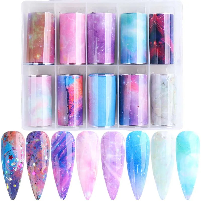 10 Colors Starry Sky Pattern Lace Style 3D Nail Foil Decals New Plastic Nail Sticker 4*100cm Transfer High Quality and Stylish