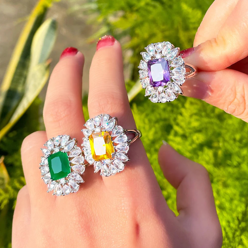 Exquisite Bling Red Cubic Zirconia Luxury Engagement Party Jewelry Big Sun Flower Finger Open Cuff Rings for Women
