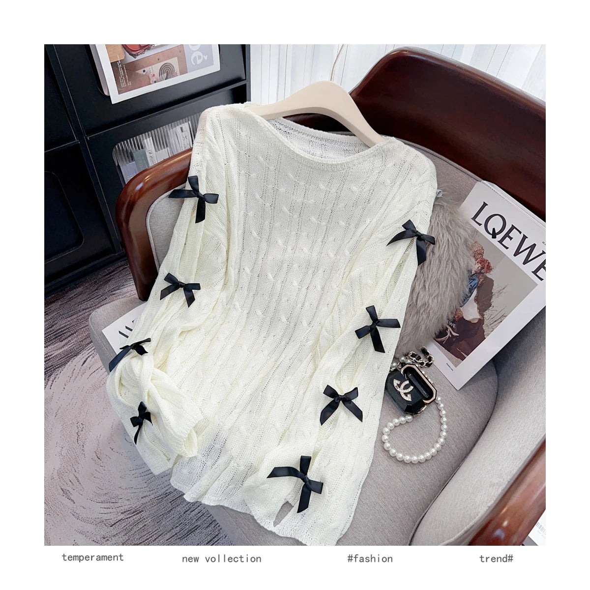 Boutique Wholesale 2025 Spring New Fashionable Hollow Horn Sleeve Bow Loose Women's Sweater