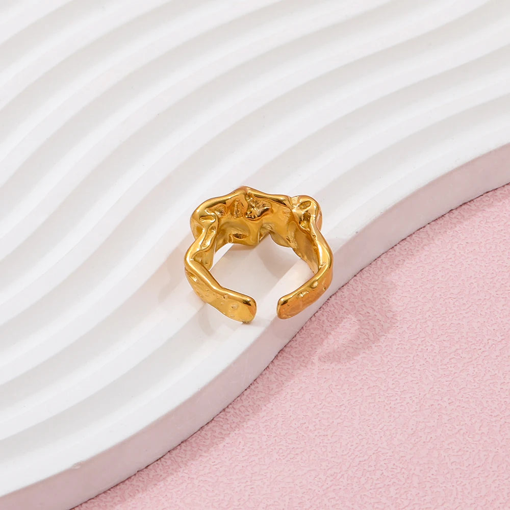 Joolim Jewelry Wholesale 18K Gold Plated Irregular Wrinkle Lava Stainless Steel Open Rings for Women Statement Rings