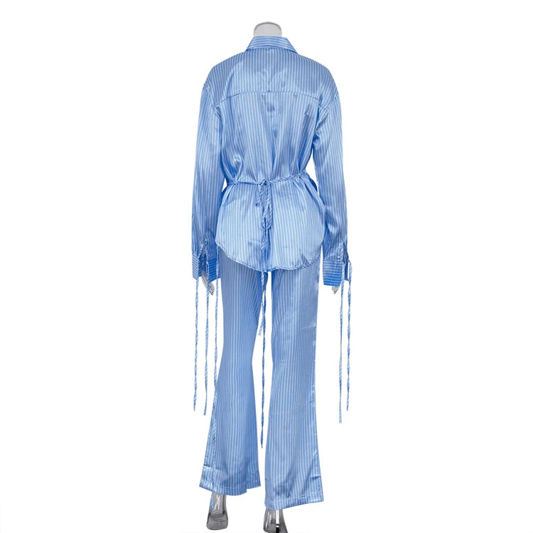 2024 New Fashionable Satin Blue Striped Long Sleeve Belted Shirt Wide Leg Long Pants 2 Piece Outfit Set Woman Pants and Shirt