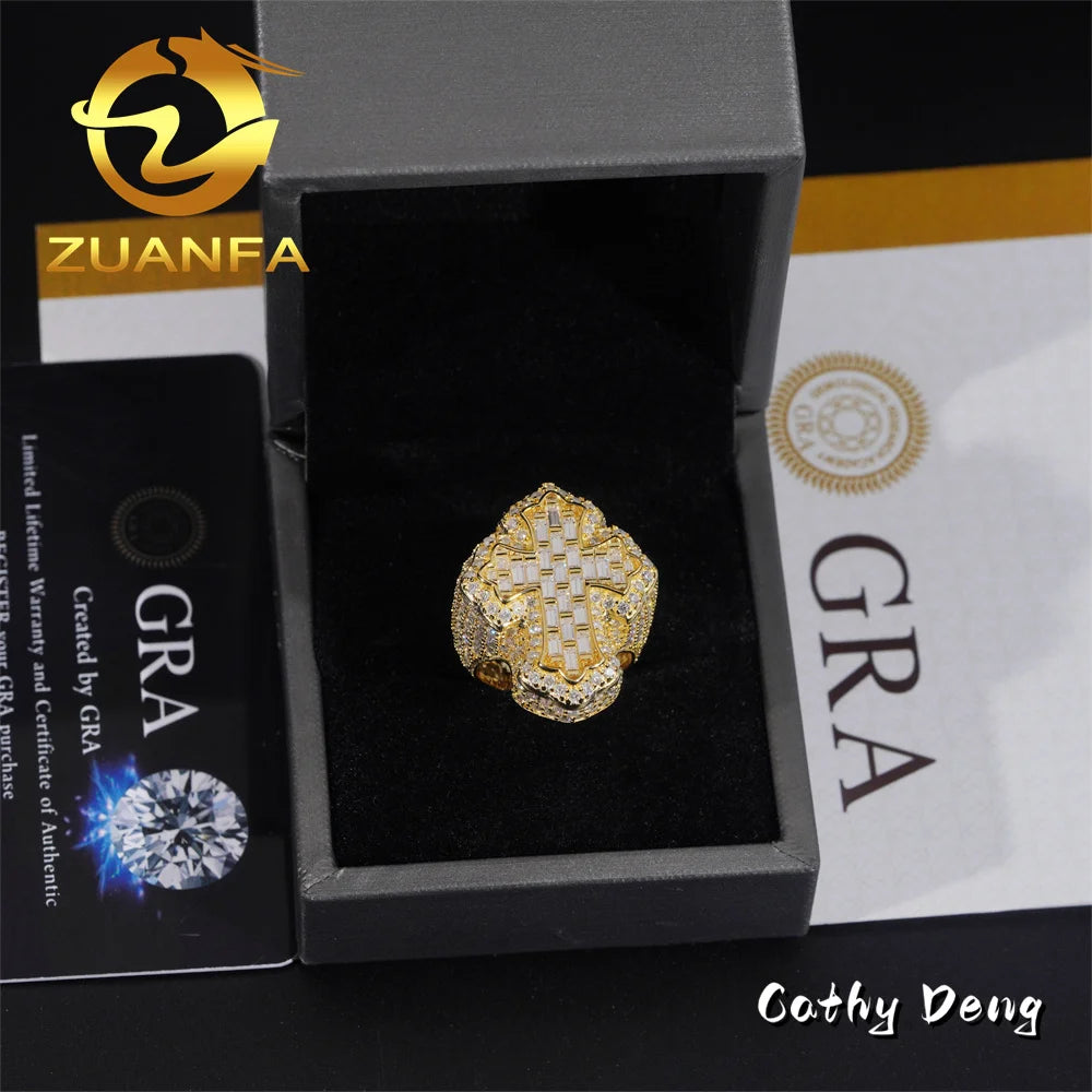 Hot Sale Instock  Iced Out Cross Moissanite Diamond Rings 925 Sterling Silver Hip Hop Ring Pass Diamond Tester Men Cuban Ring