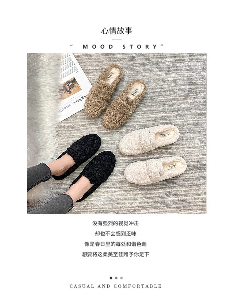 Winter Warm Plush Mules Women One Band Fur Slippers Cozy Cotton Shoes Woman Flats Cover Toe Fleeces Slides Femme Wool Pantuflas