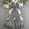 Women Sexy V Neck Short Sleeved Waist Fashion Female Ruffle Wide Leg Jumpsuit