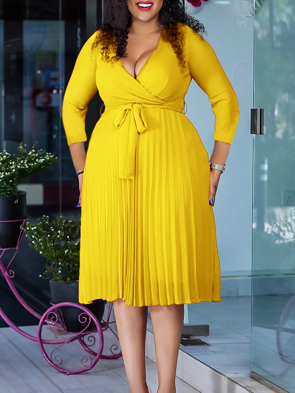 Women's Dress 2024 New Style Casual Elegant Solid Color V-neck Long Sleeve Pleated Skirt