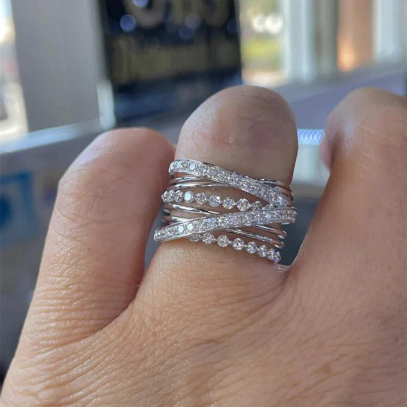 Q345 Women's Diamond Eternity Band Rings Geometric Pave Setting Round Natural Stone Wedding Fashion Rings