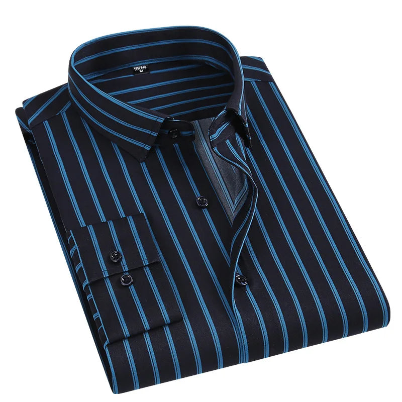 Men's Classic Stripe Satin Long Sleeve Shirt Breathable Business Office Dress for Autumn Season