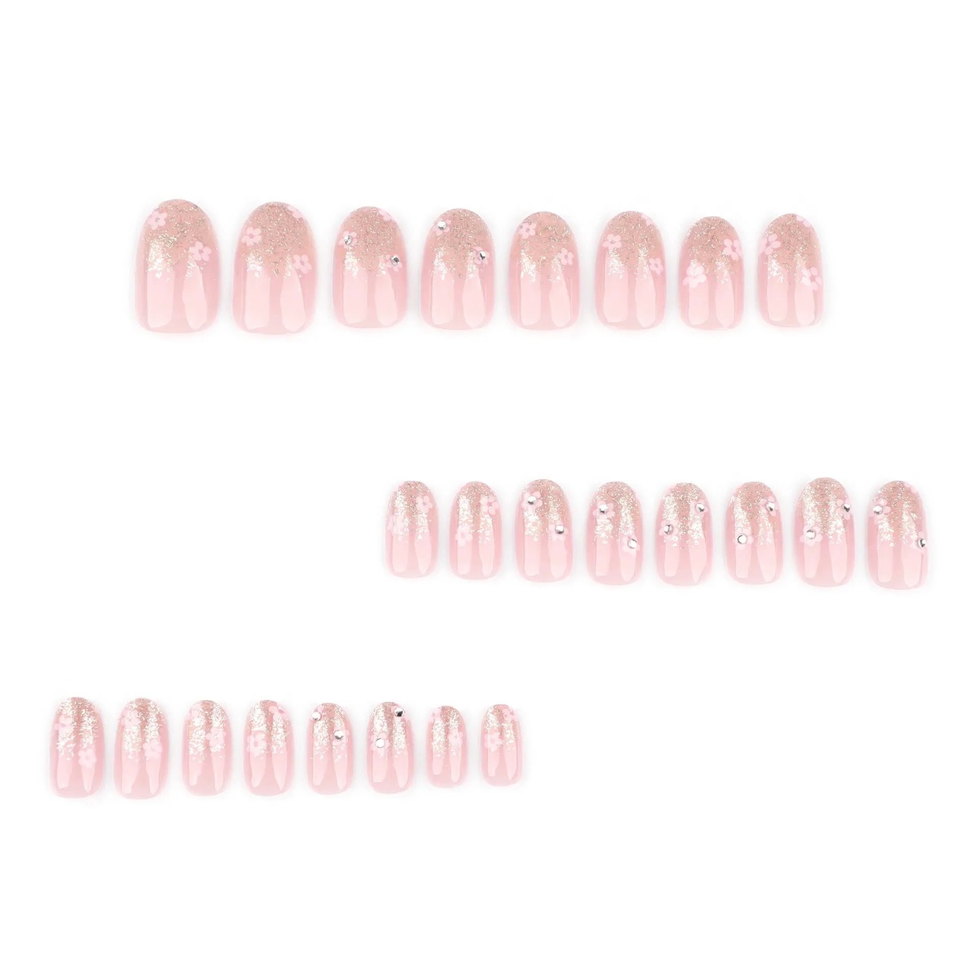 24 Pcs/set Soft Acrylic 3723 Glitter Gradient with Floral Design on Short Round Nails Press on Nails Artificial Fingernails