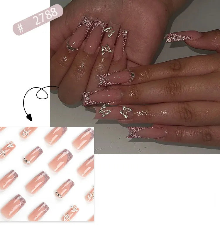 Dropshipping 24 Pcs French Style Romantic Art Acrylic Press on Nails Artificial Fingernails Candy False Nails Dating  Party 2792