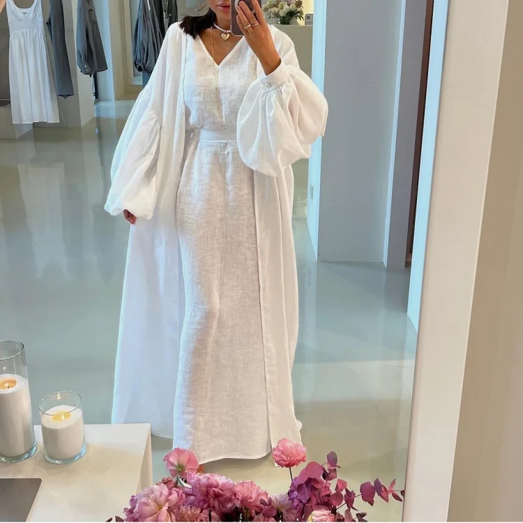 Plain Cotton Linen Women's Two-Piece Set V Neck Tank Dress And Belted Puff Sleeve Abaya Musulmane Ensembles Robe Pour Femmes