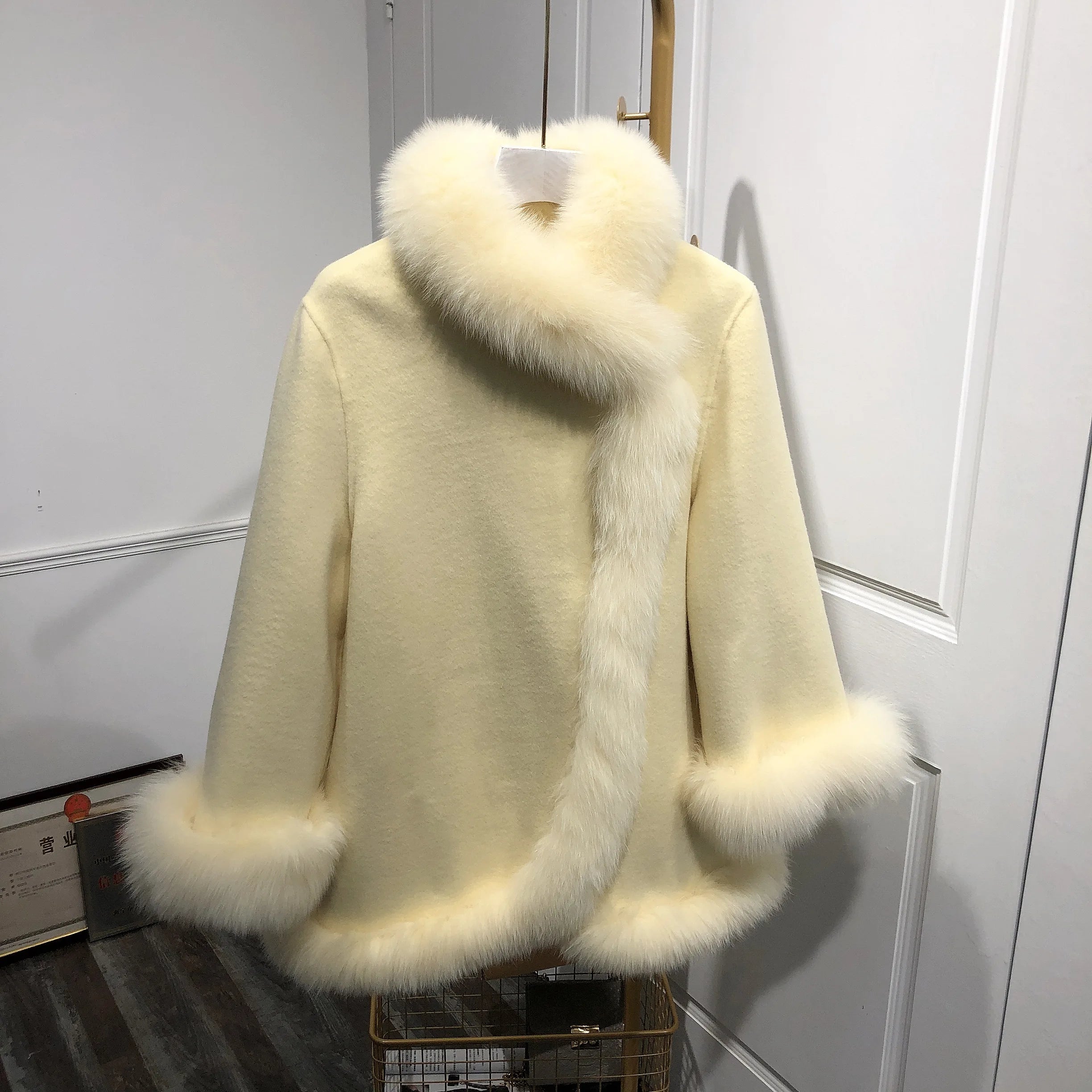 White fox Fur Trim Woolen Overcoat Female Winter Thick Clothes Long High-end Slim Cashmere Coat With Fox Fur Collar Cuffs
