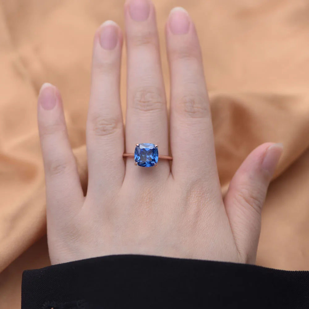 Luxury High Quality Silver Ring 925 Sterling Jewelry Rose Gold Plated Cushion Sapphire Blue Zircon Gemstone Rings Jewelry Women
