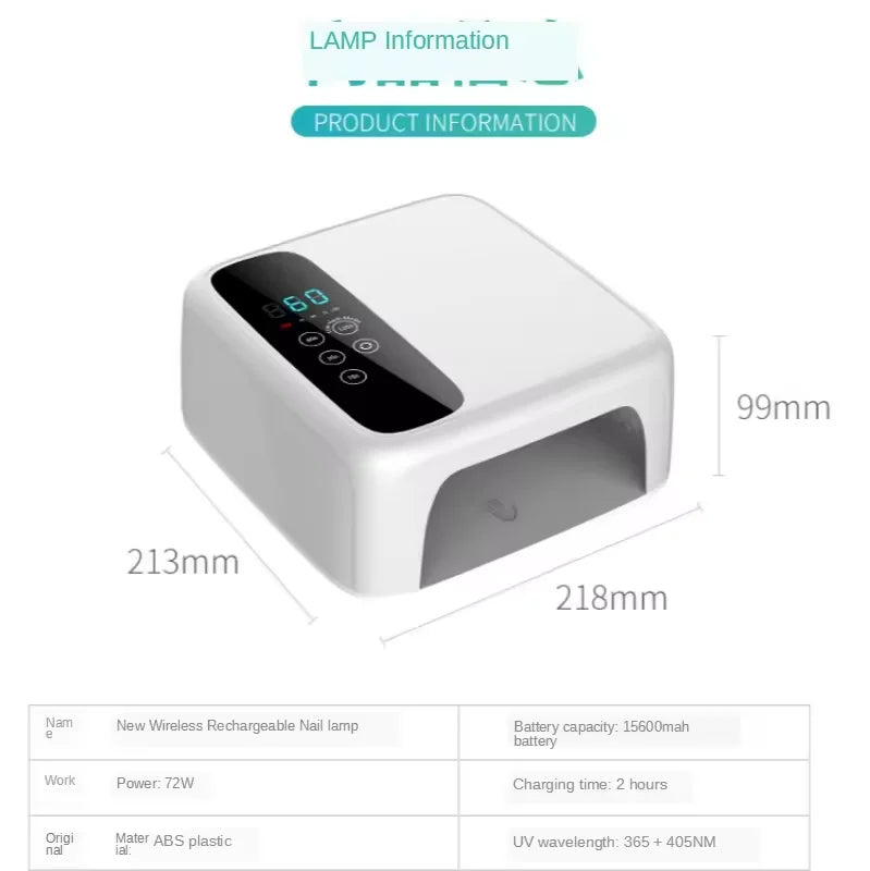 2024 Rechargeable 72W UV LED Nail Lamp Cordless Wireless Nail Gel Lamp Battery Power Supply Available EU UK US Plugs Plastic