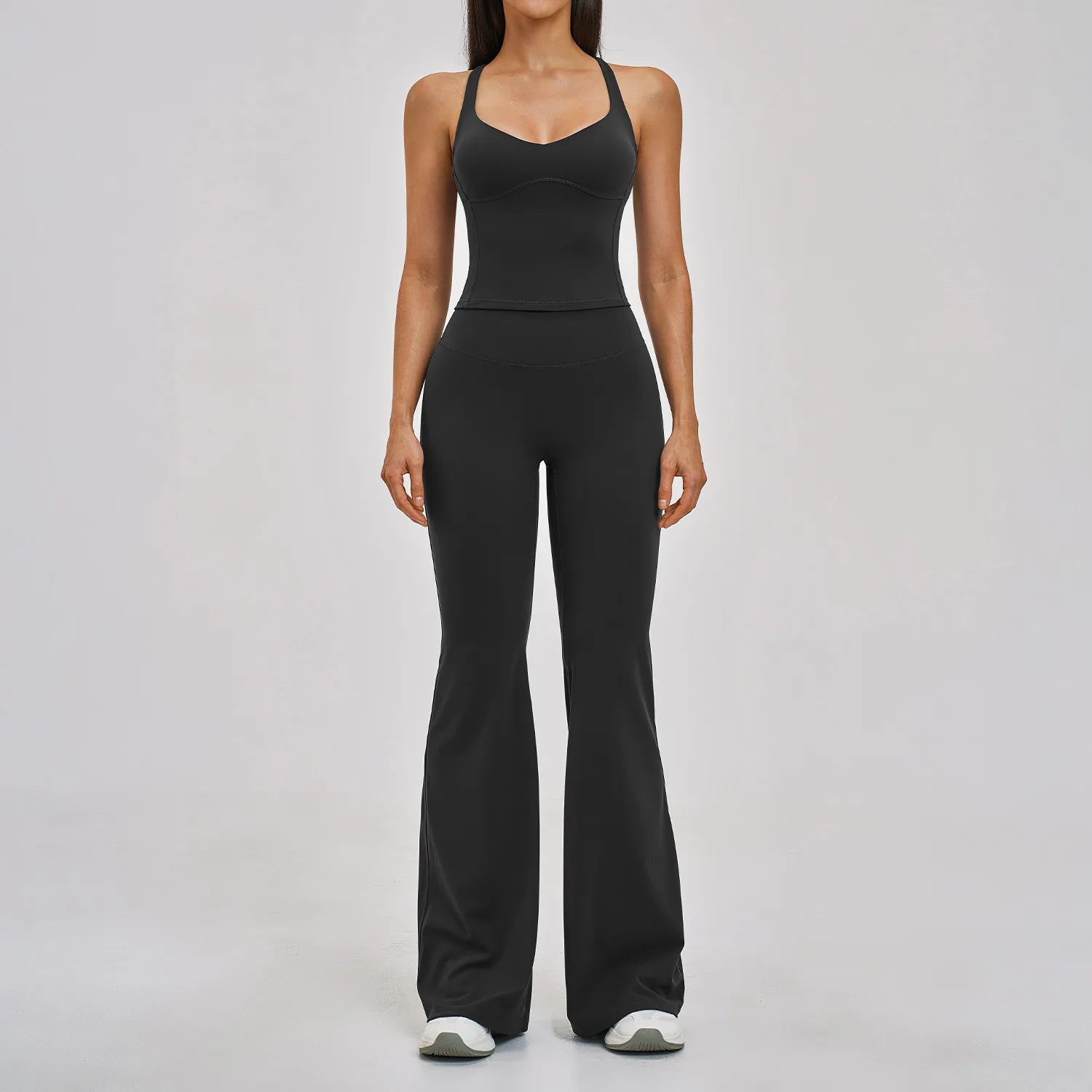 Custom Logo Flare Yoga Pants Set 2 Piece Activewear Set Fashion Gym Fitness Clothing Halter Yoga Set Crossed Back