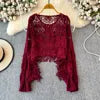 Women's Grey Embellished Beaded Ripped Sweater | Autumn/Winter 2025 Fashion | Irregular Knit French Cinched Waist Top