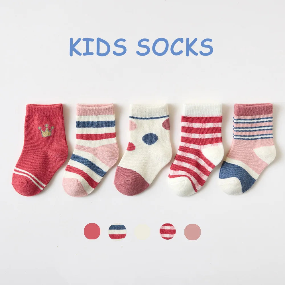 5 Pairs/Lot Toddler Socks Newborn Baby Soft Prewalker Spring Cotton Girl Kids Autumn Infant Cartoon Striped Print Sock 0-12Y