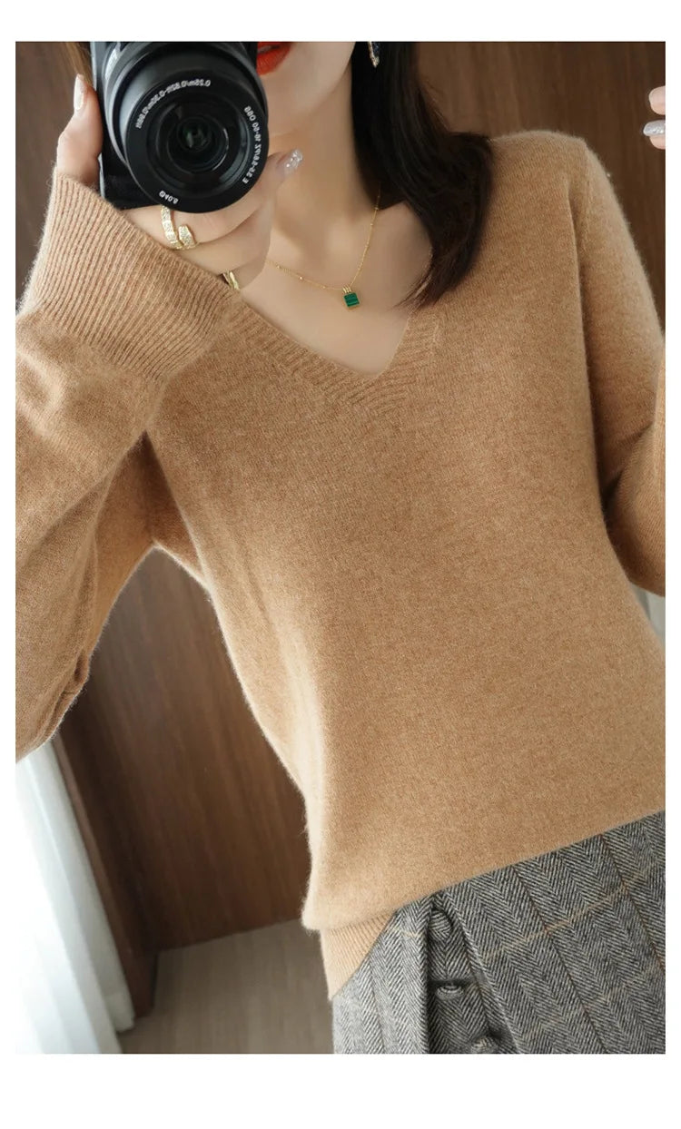 Women's Sweater 2025 Autumn Winter Knitted Pullovers V-neck Slim Fit Bottoming Shirt Solid Soft Knitwear Jumpers Basic Sweaters