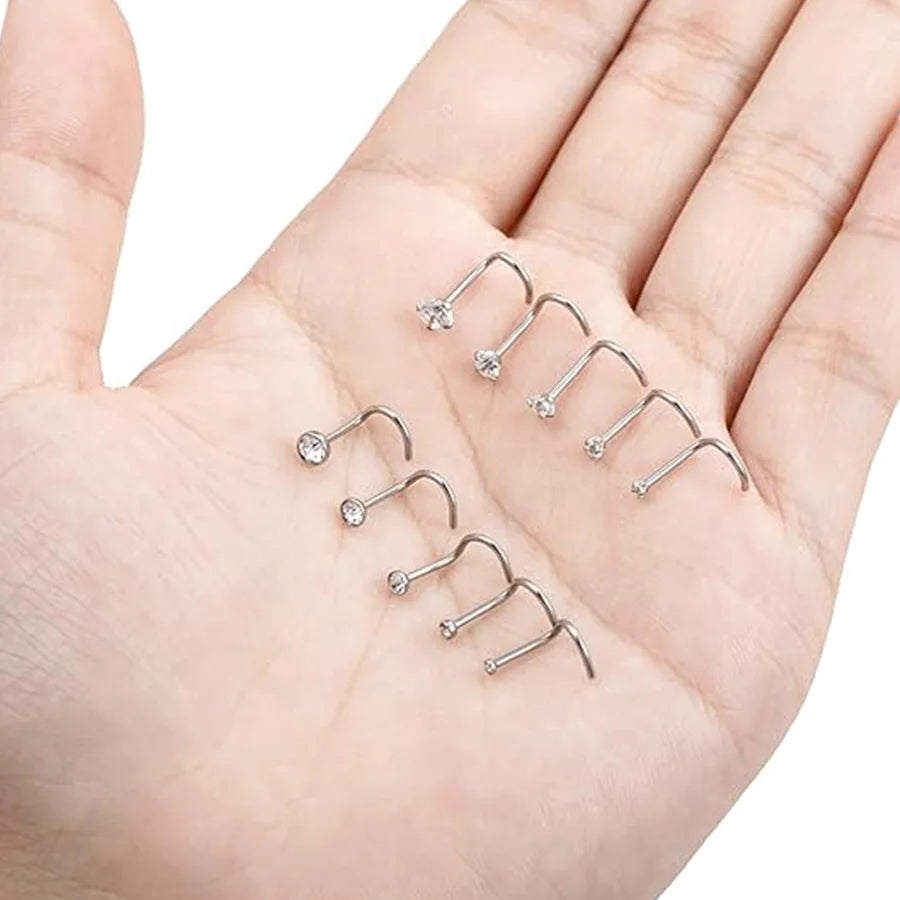 10Pcs Stainless Steel Screw Shaped Nose Studs Rings Square Round CZ Nose Ring Labret Nose Piercing Jewelry Silver Tone