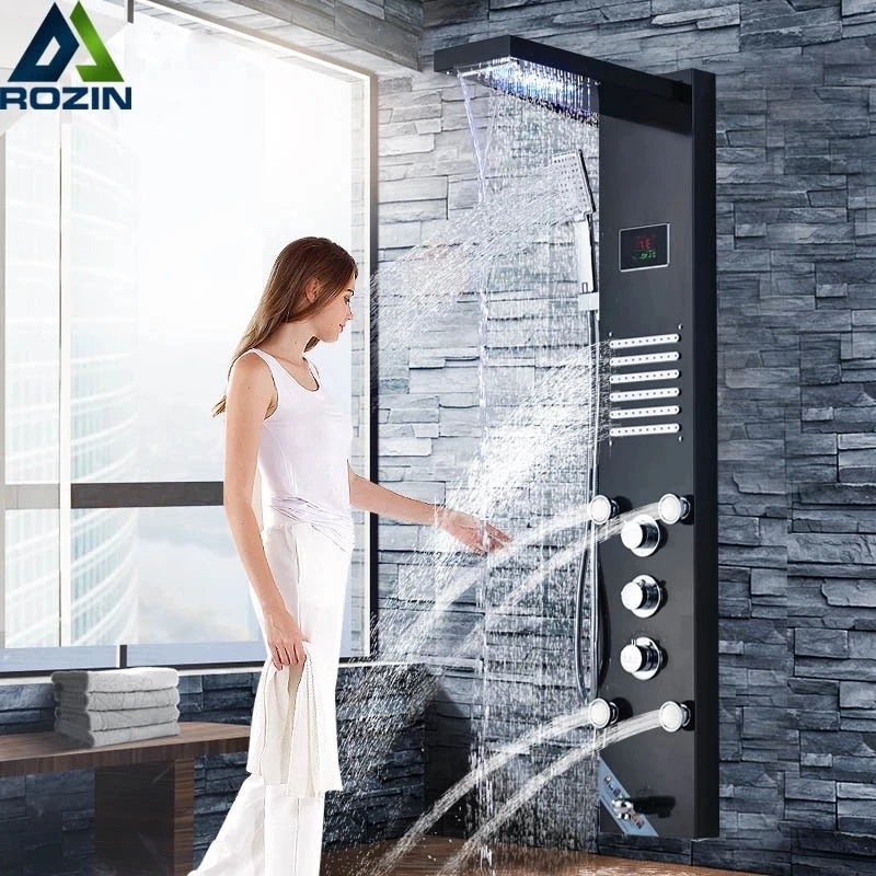 LED Light Shower Panel Faucet Waterfall Rain Shower Head SPA Massage Jets Shower Column Tower Digital Water Temperature Display