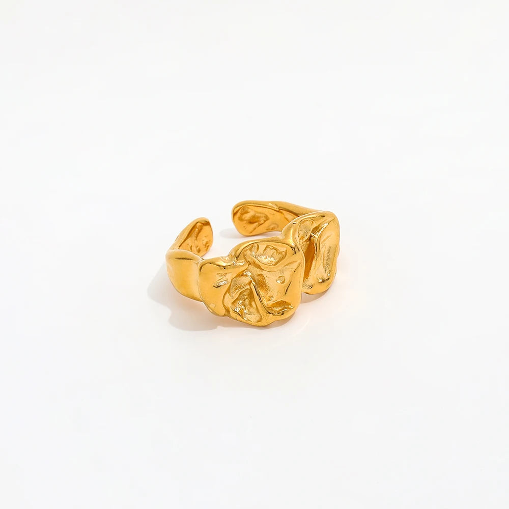 Joolim Jewelry Wholesale 18K Gold Plated Irregular Wrinkle Lava Stainless Steel Open Rings for Women Statement Rings