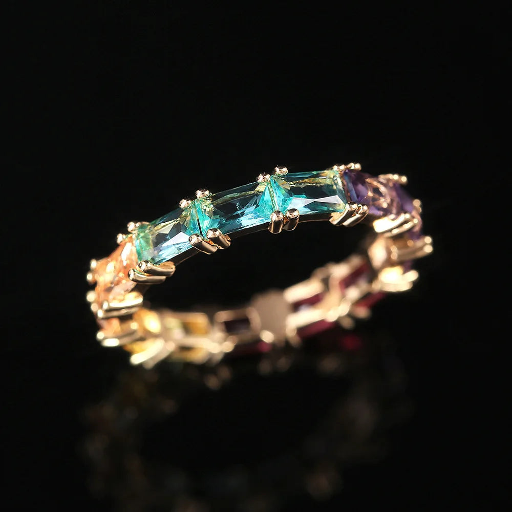 Exquisite Trendy Rainbow Colors Zircon Women Ring Temperament Geometric Ring New Jewelry Fashion Rings