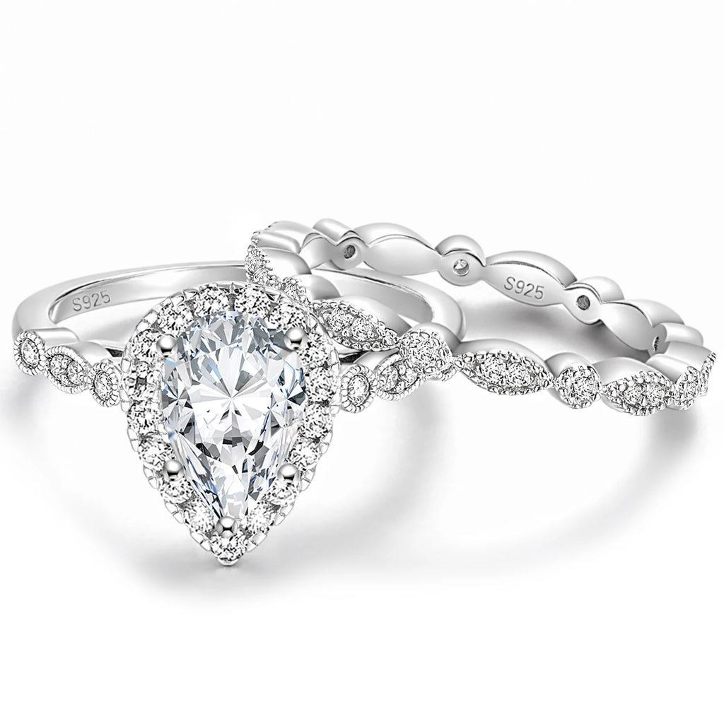 OAHLAN 1.5CT Zircon 925 Sterling Silver Gold Plated Women Ring Sets Wedding Teardrop Engagement Rings Anniversary Gift Jewelry