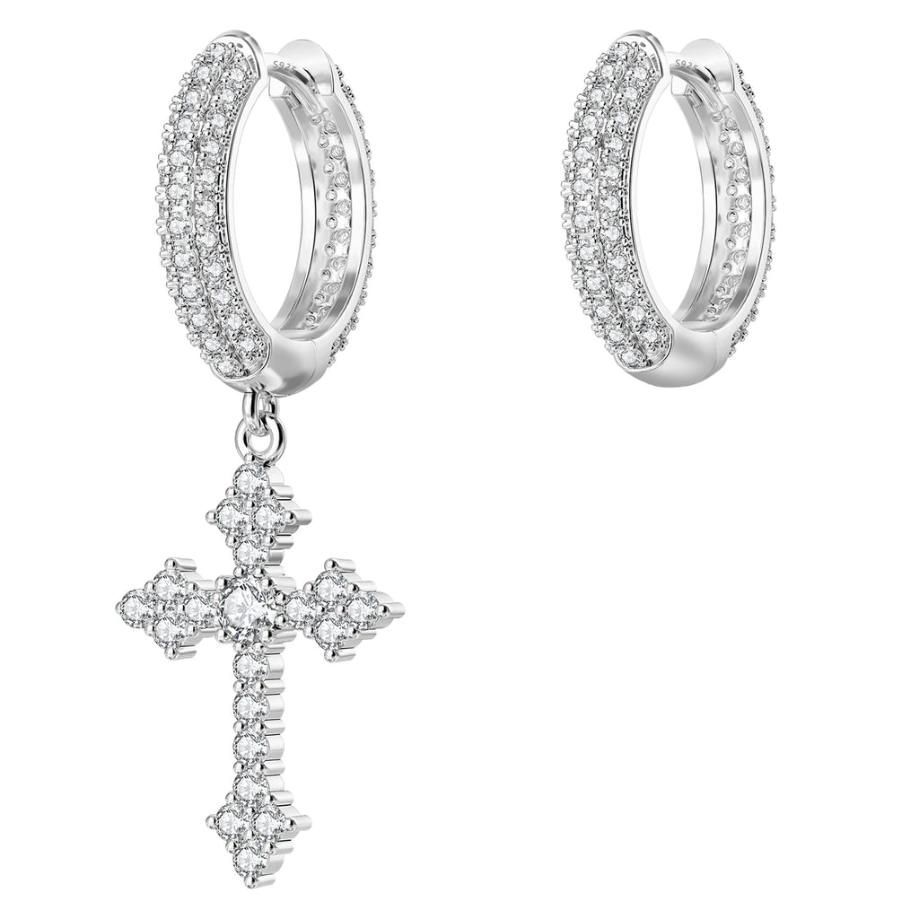 14K Gold Plated Dangle Cross Earring 925 Sterling Silver Women Men Birthday Gift CHRISTIAN 5A CZ Cubic Zirconia Hoop Earring