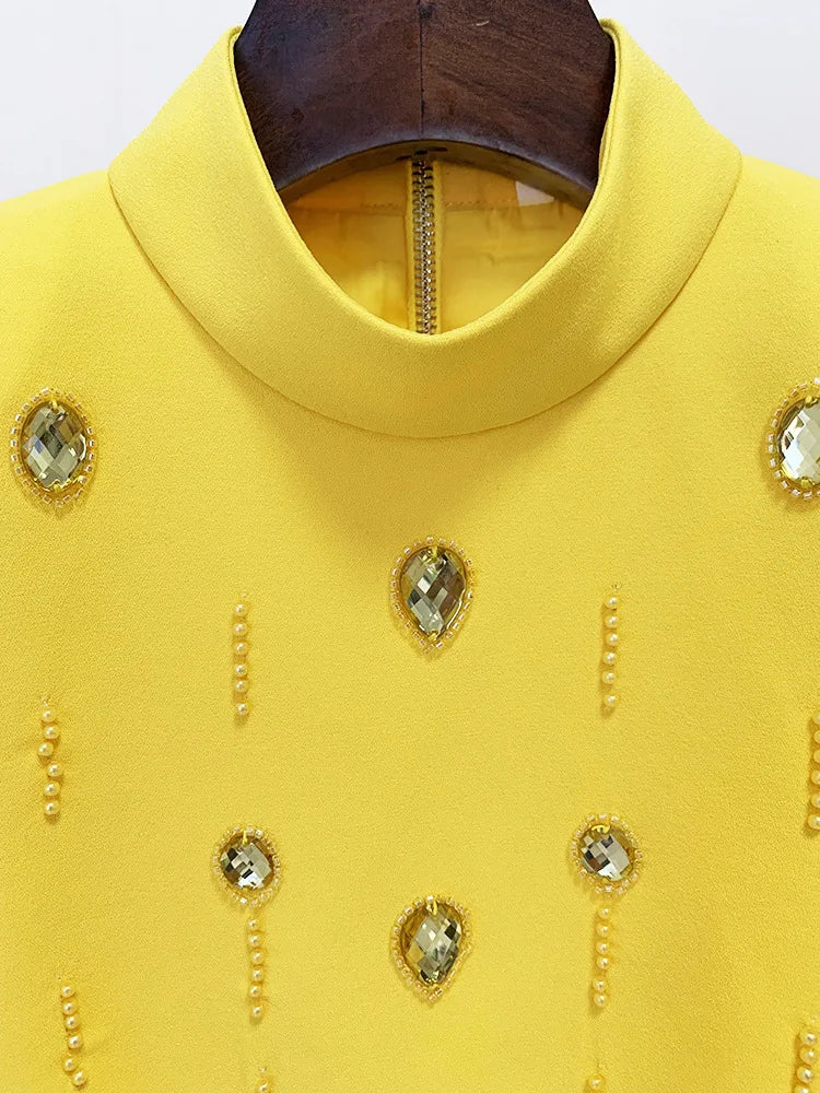 European Style Lady Office Work Suit Fine Workmanship Beading Rhinestone Turtleneck Tops Pencil Mini Skirt Women 2Pcs