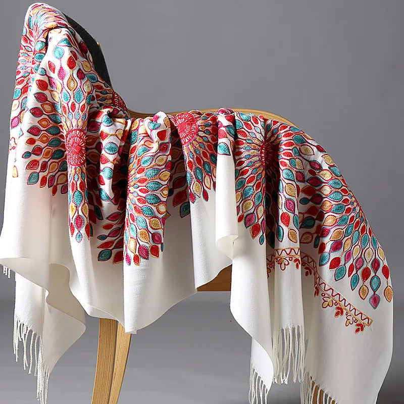 Wholesale JiYun 2025 Ladies Winter Scarf Shawl Floral Tassel Embroidery Soft Heavy Cashmere Feel-Hot Sale Winter Accessory