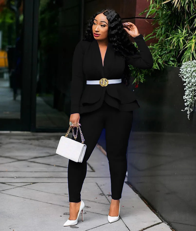New 2025 Women Long Sleeve Solid Ruffles Design Top & Skinny Pencil Pant Sets Two Piece Set Women Outfits