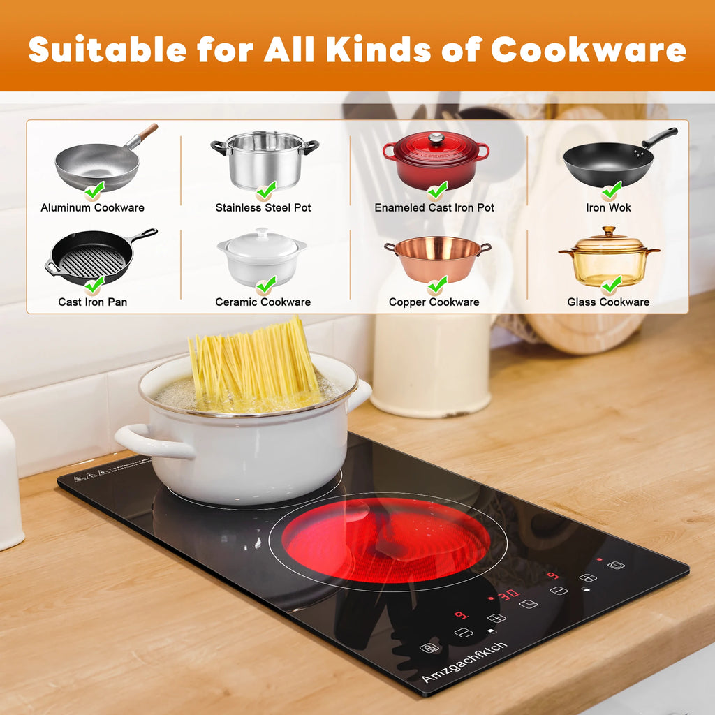 2 Burner Electric Cooktop, 12 Inch Built-in Ceramic Stove Top with Child Safety Lock, Timer & Residual Heat Indicator, 3000W