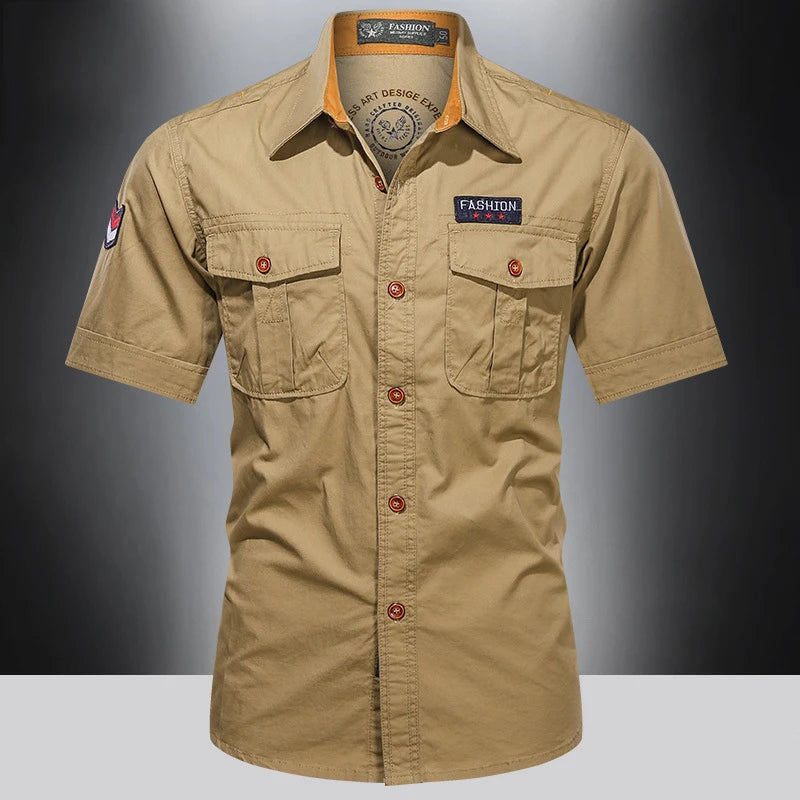 New Men's Casual Shirts Short Sleeve Pure Cotton Shirt Male Solid Oversized Military Cargo Shirts Men Clothing Shirt 5XL A2F168