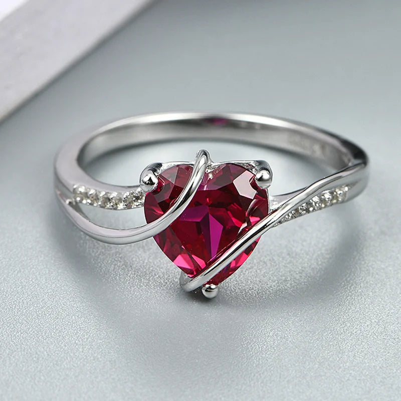 2.25 Carats 925 Sterling Silver Red Heart Solitaire Rings for Women Wedding Engagement Jewelry
