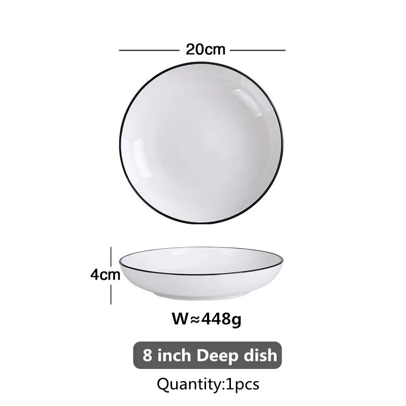 Black Rim White Ceramic Dinner Tray, Kitchen Plate, Tableware, Food Dishes, Soup Bowl,  Kitchen Cook Tool, 1 Piece Sale